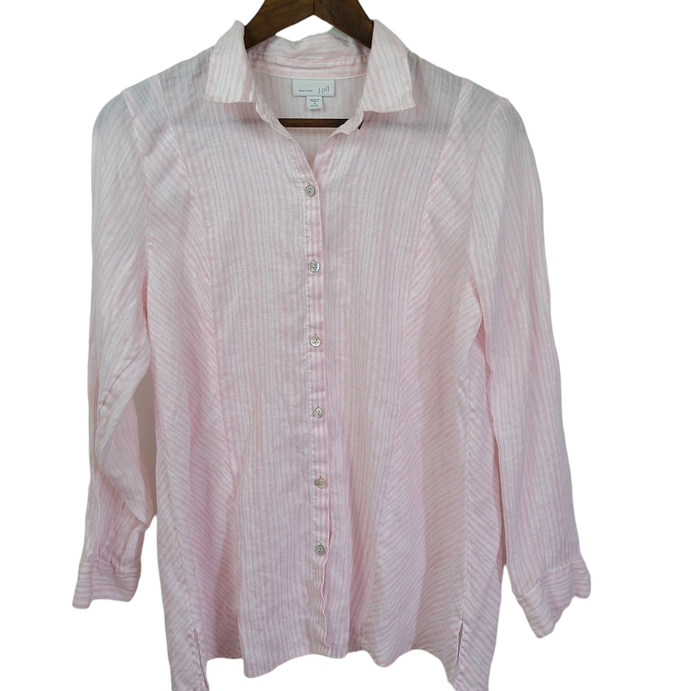 J Jill Love Linen Pink Striped Lightweight Button Down Medium